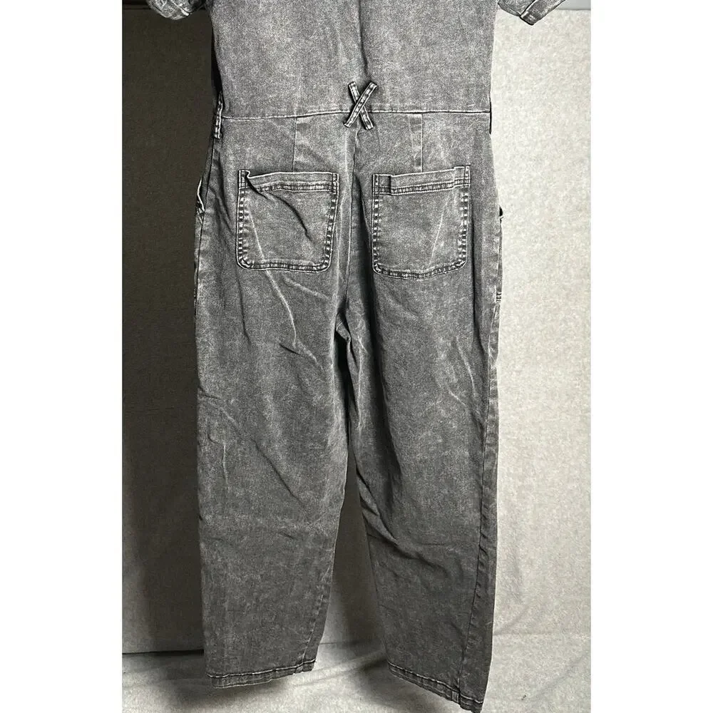 Skies Are Blue Small Washed Black Denim Pleated Boilersuit Short Sleeve‎ Stretch